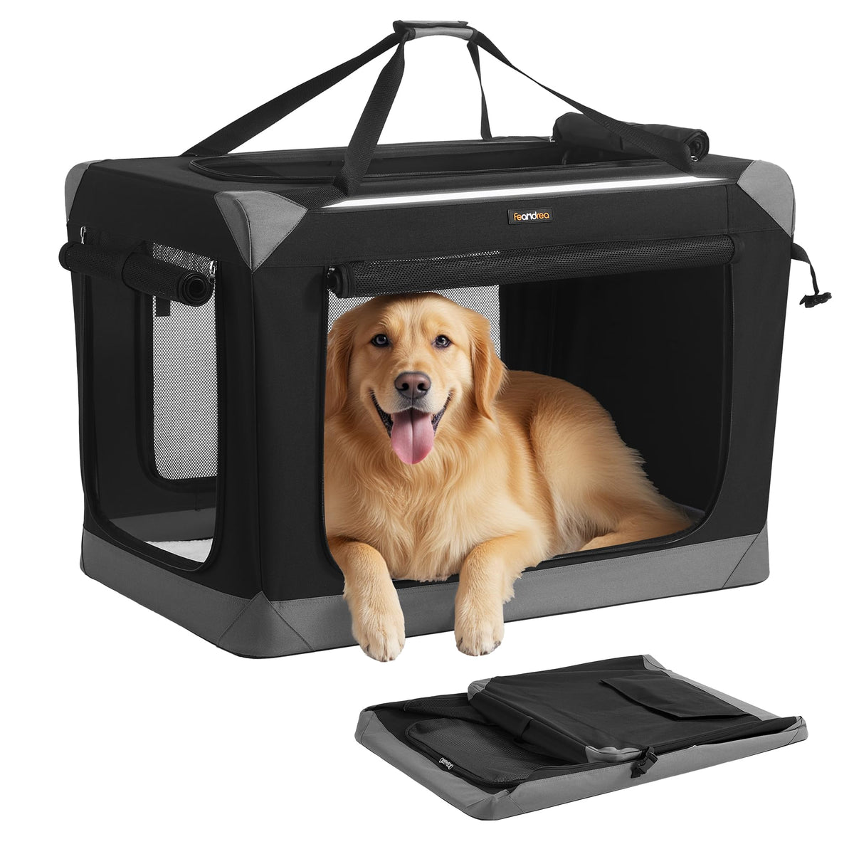 Feandrea boîte pliable pour chien ouverte, démontrant l’espace et le confort.