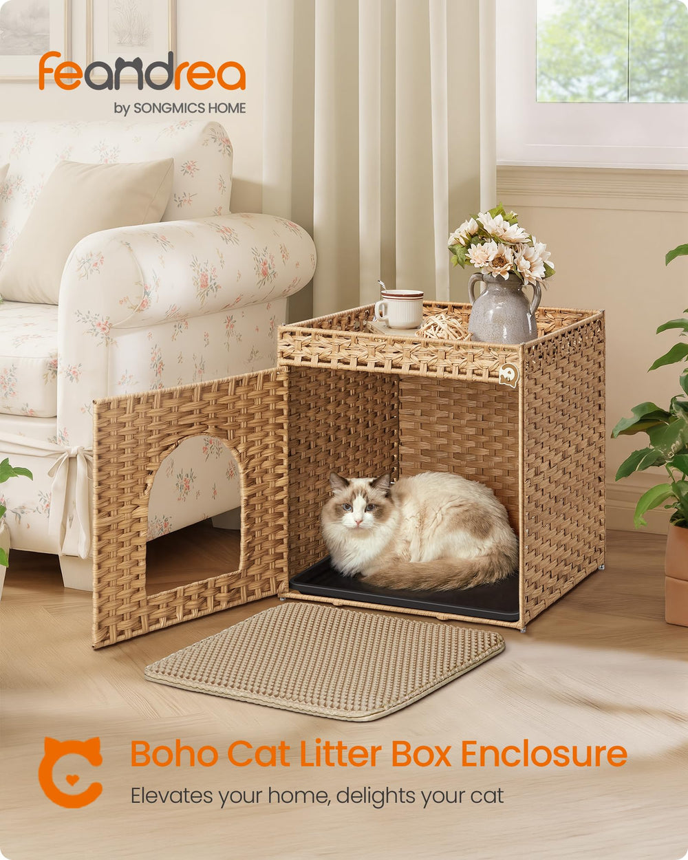 Feandrea cache-litière boho salon: élégance et intimité pour votre chat.