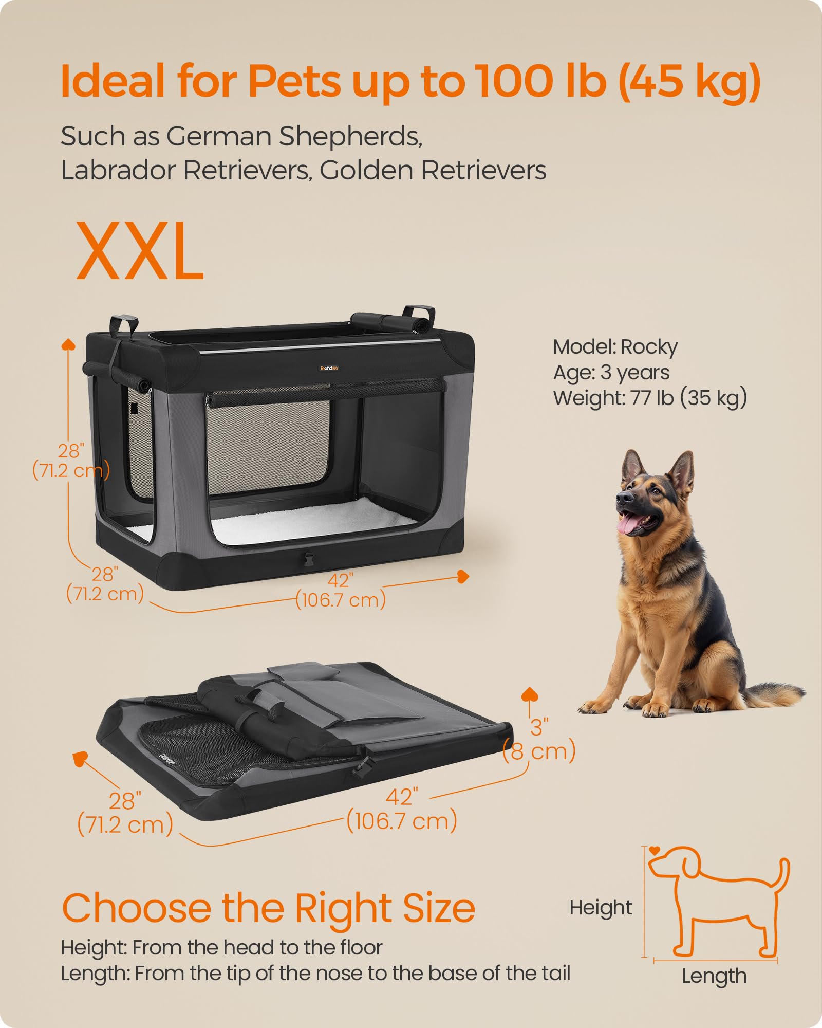 Dimensions Feandrea 42x28x28 pouces adaptées aux chiens jusqu à 100 lb