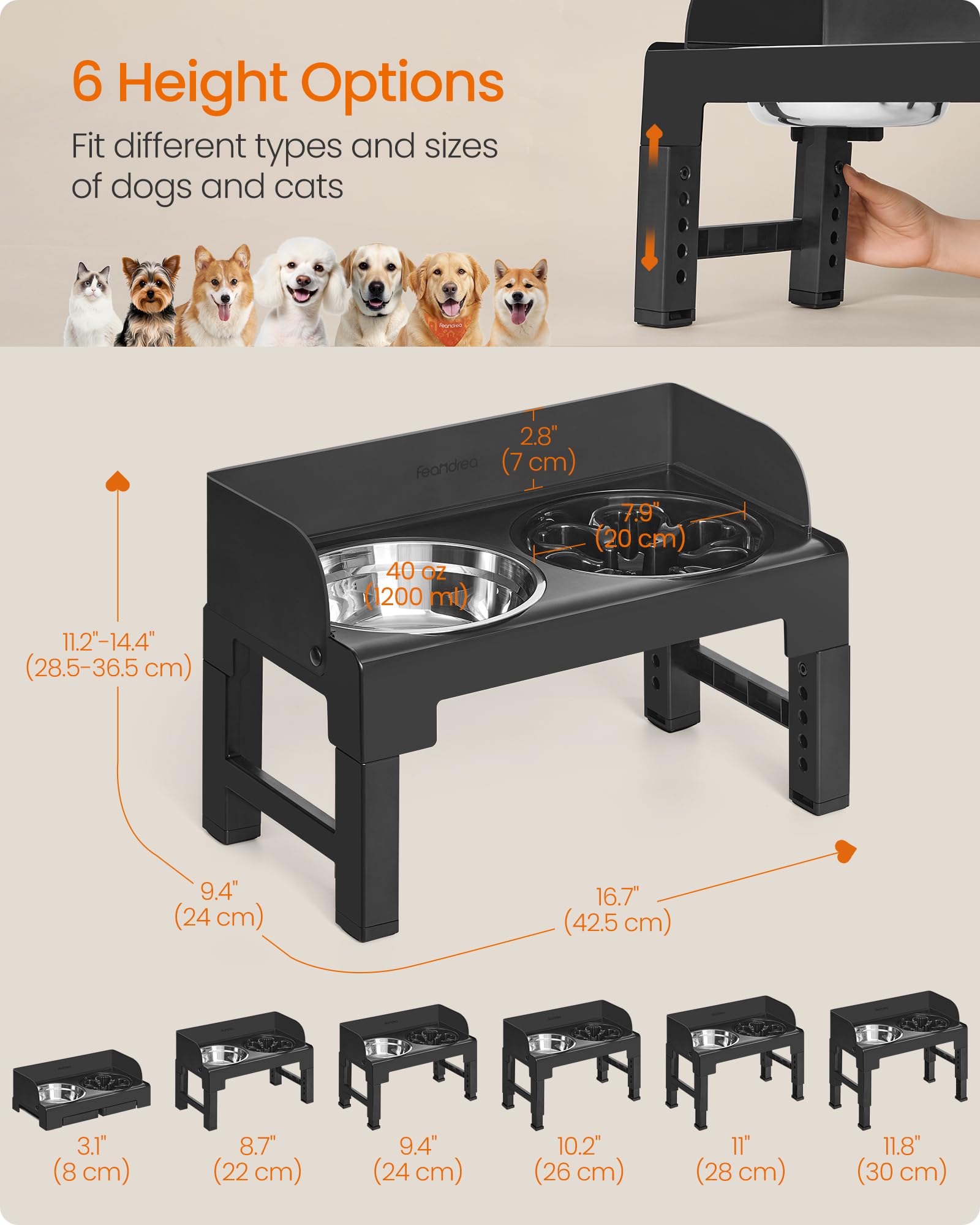 Feandrea – hauteur ajustable pour s'adapter à la taille de l'animal.