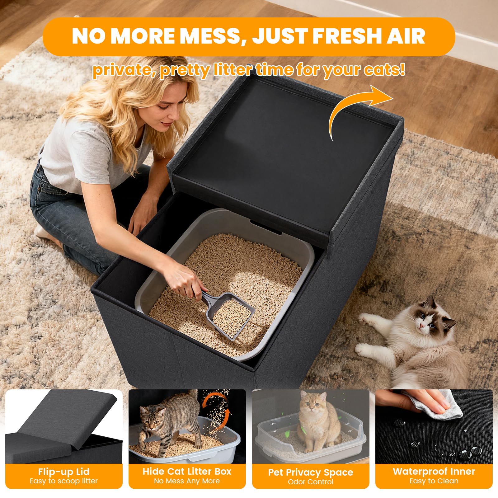 Meuble-litière avec rangement intégré, parfait pour dissimuler sacs et accessoires.