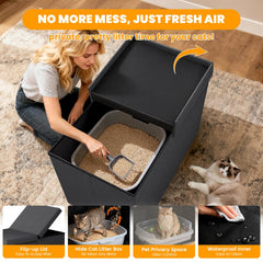 Meuble-litière avec rangement intégré, parfait pour dissimuler sacs et accessoires.