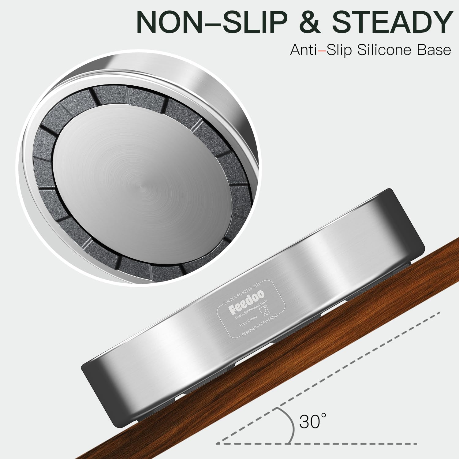 Surface lisse en inox Feedoo, facile à nettoyer après chaque repas.