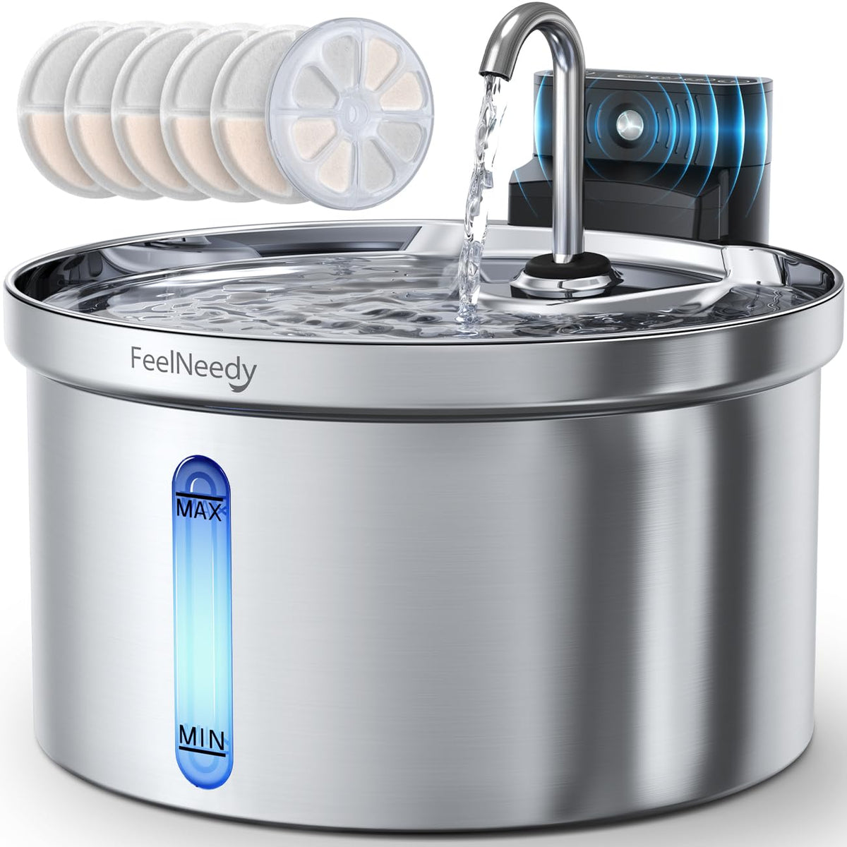 FEELNEEDY fontaine sans-fil en acier inoxydable, hydratation pratique pour animaux.