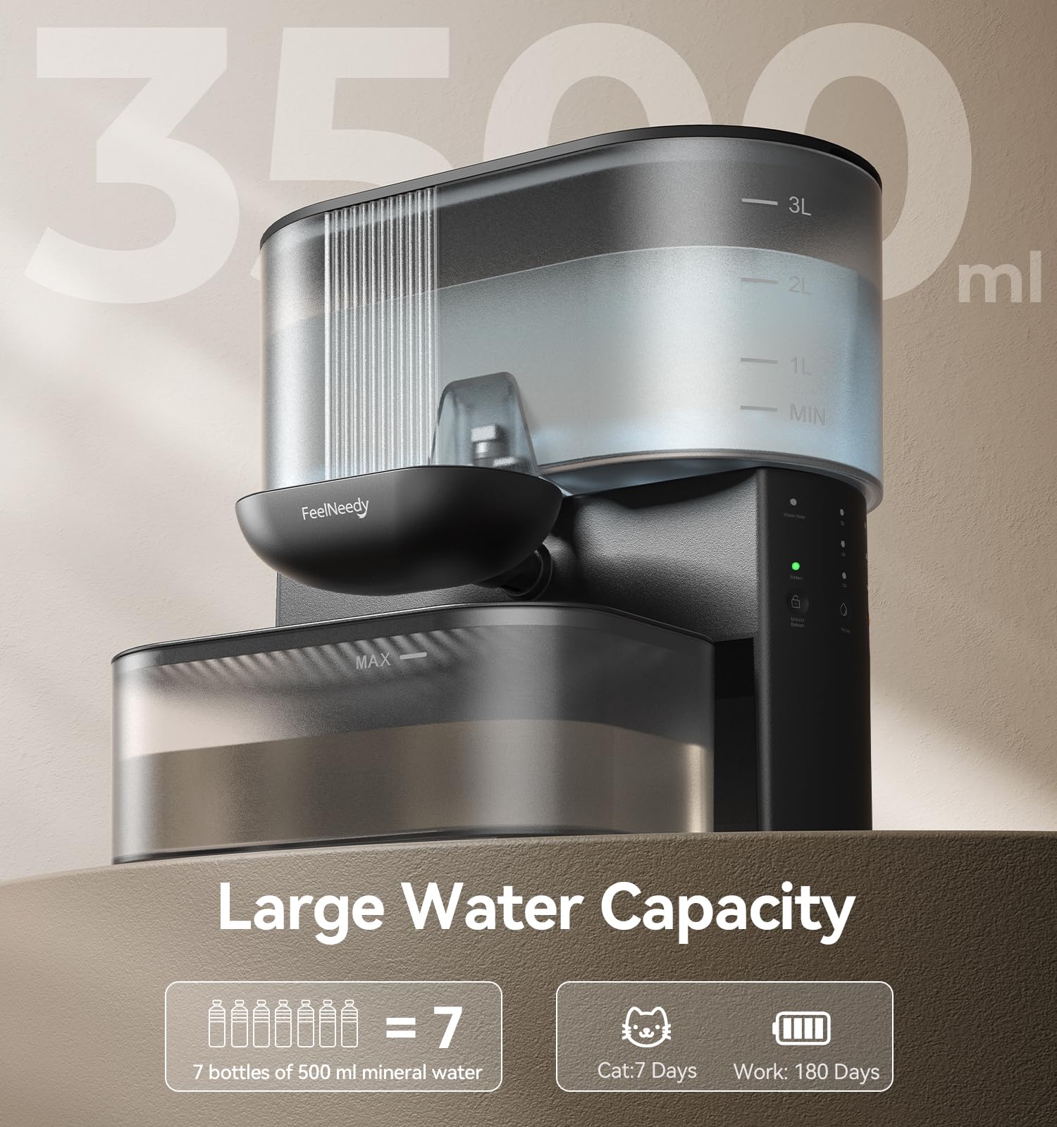 Réservoir eau 3,5 L adapté à la maison et en voyage.