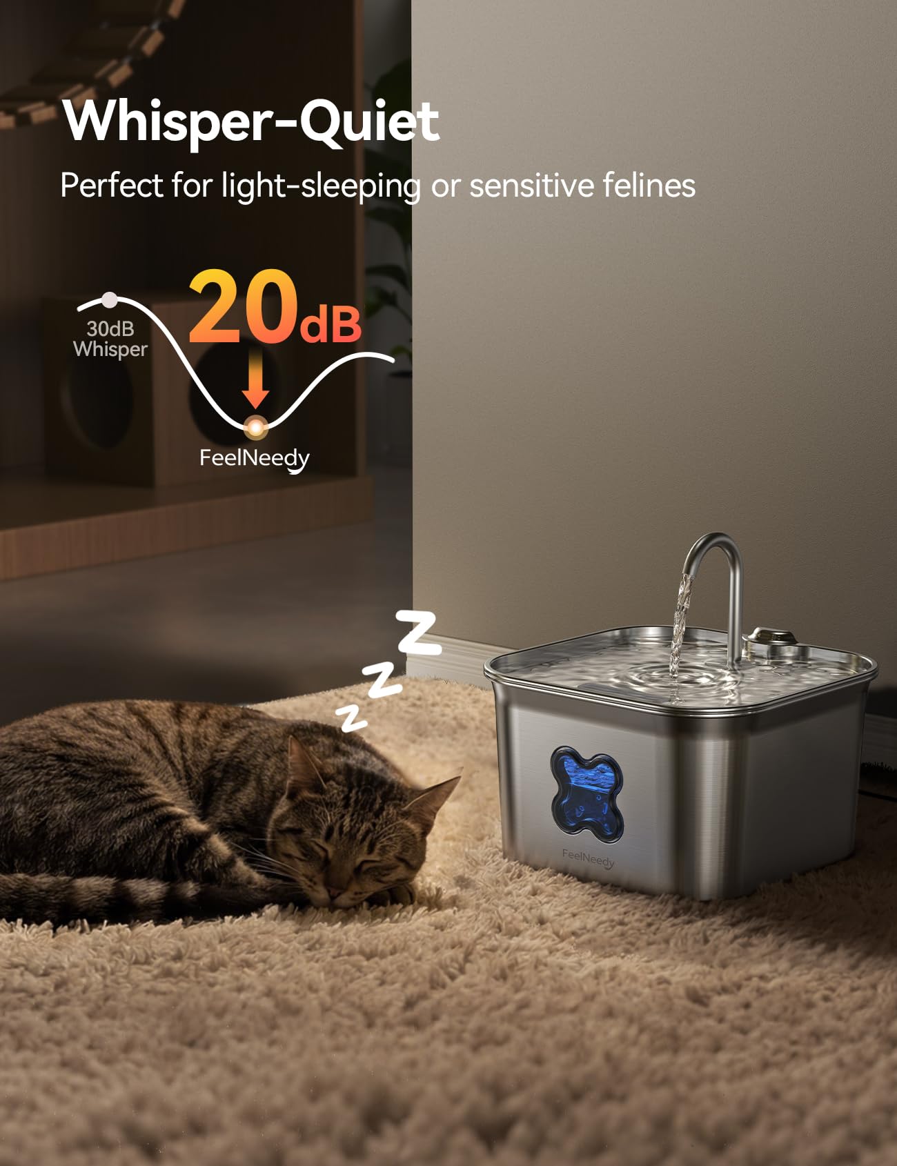 FEELNEEDY fontaine-chat-eclairage-niveau – fenêtre facile à lire pour vérifier le niveau.