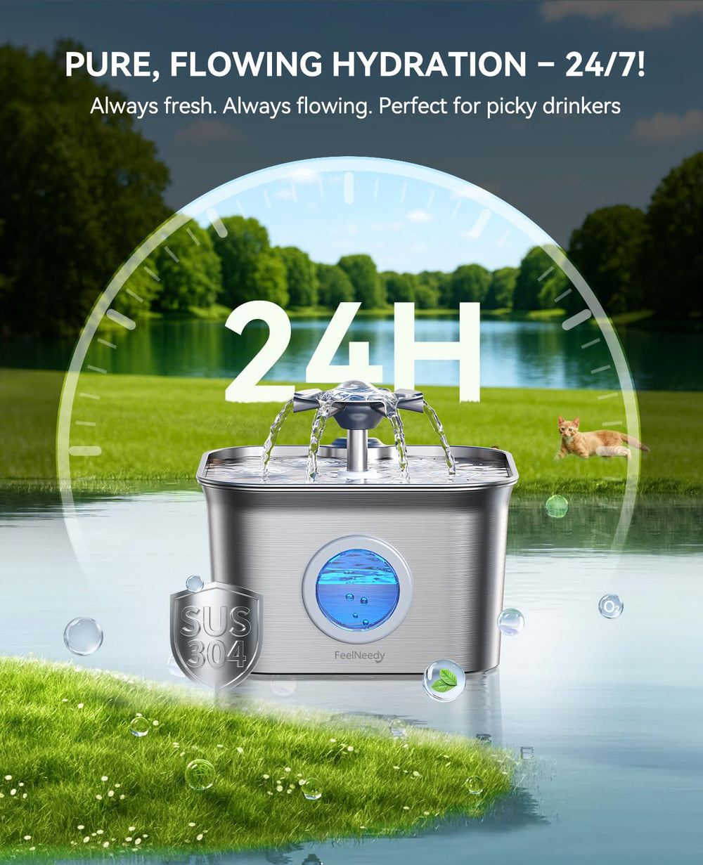 FEELNEEDY fontaine chat inox, fenêtre d'affichage du niveau d'eau lumineuse.