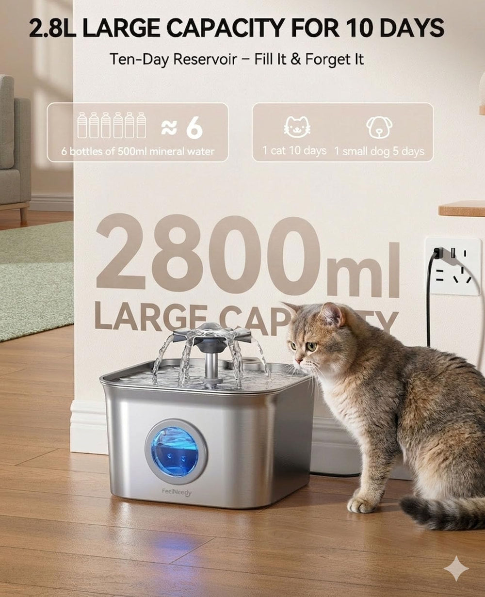 FEELNEEDY fontaine chat inox affichage du niveau d'eau pour surveillance rapide.