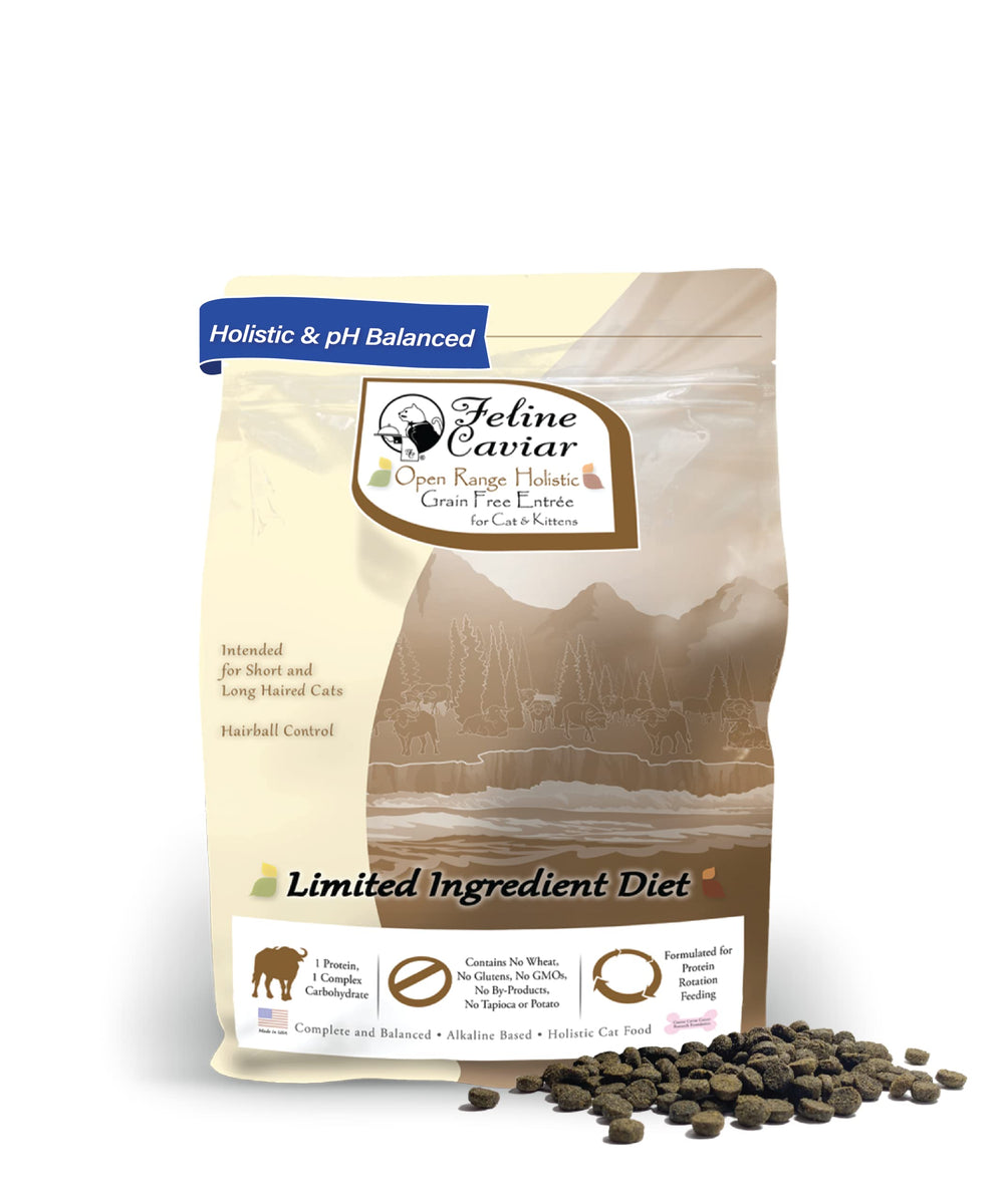 Feline Caviar Buffalo et Pois-Chiche, sac prêt à servir pour chats actifs.
