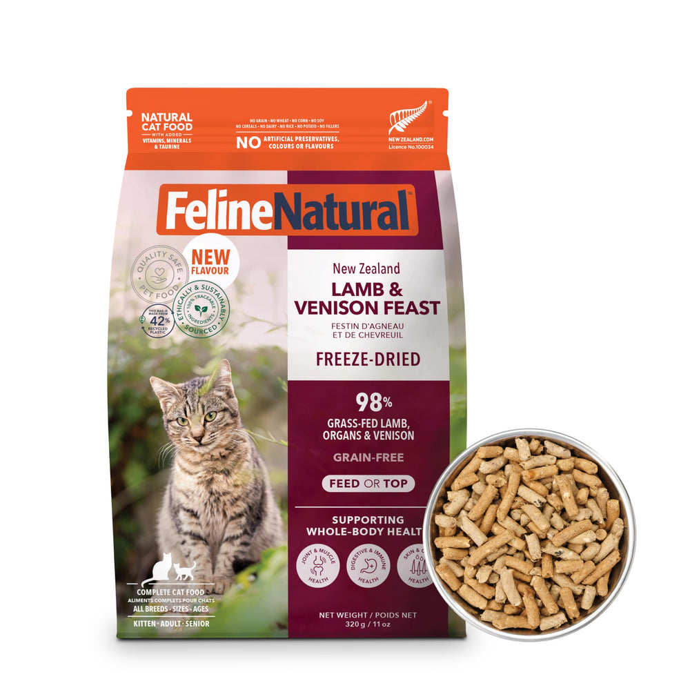 Nourriture lyophilisée Feline Natural avec agneau et venaison, haute teneur en protéines