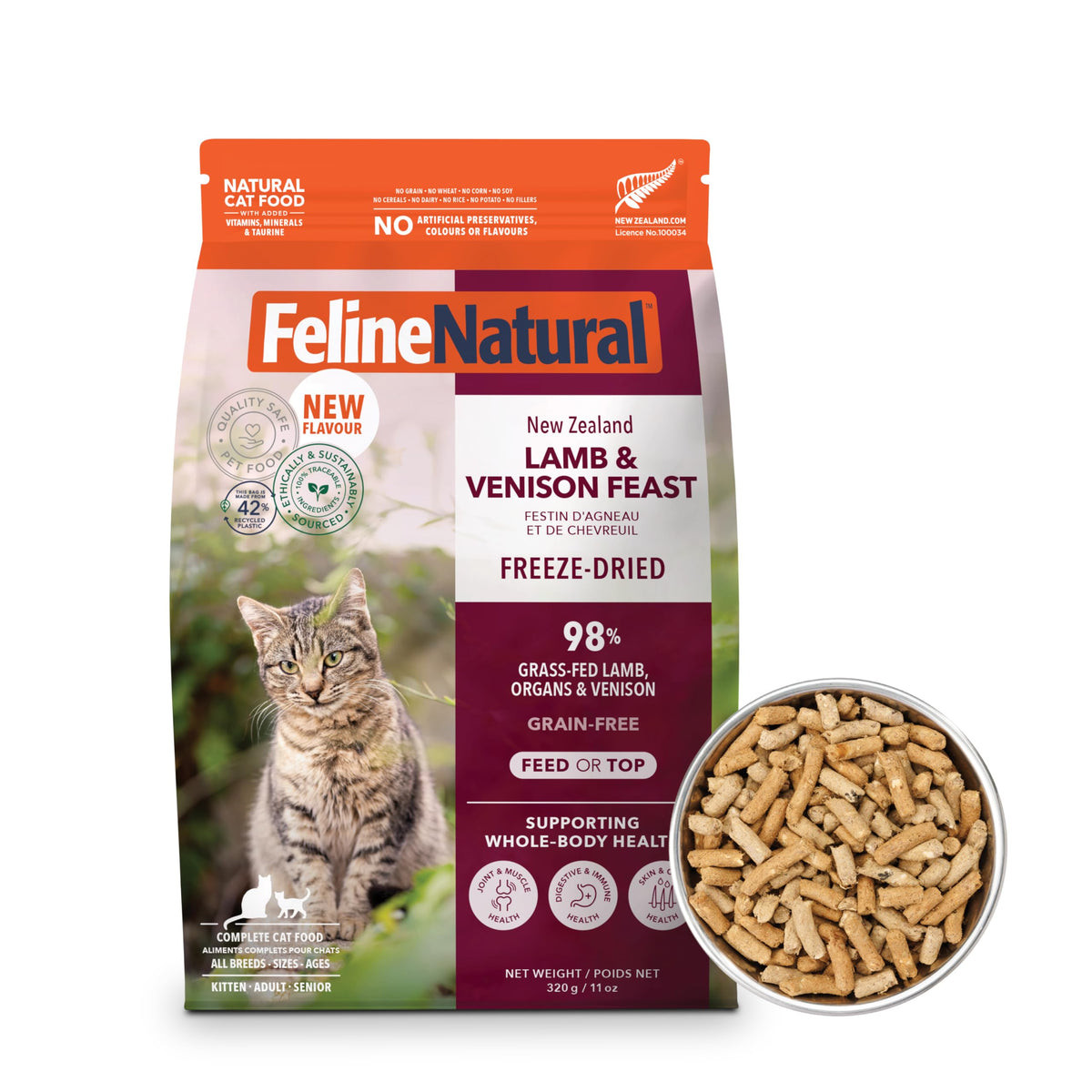 Nourriture lyophilisée Feline Natural avec agneau et venaison, haute teneur en protéines