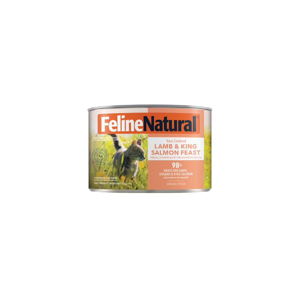 Feline Natural boîte chat agneau saumon, protéines élevées pour énergie quotidienne.