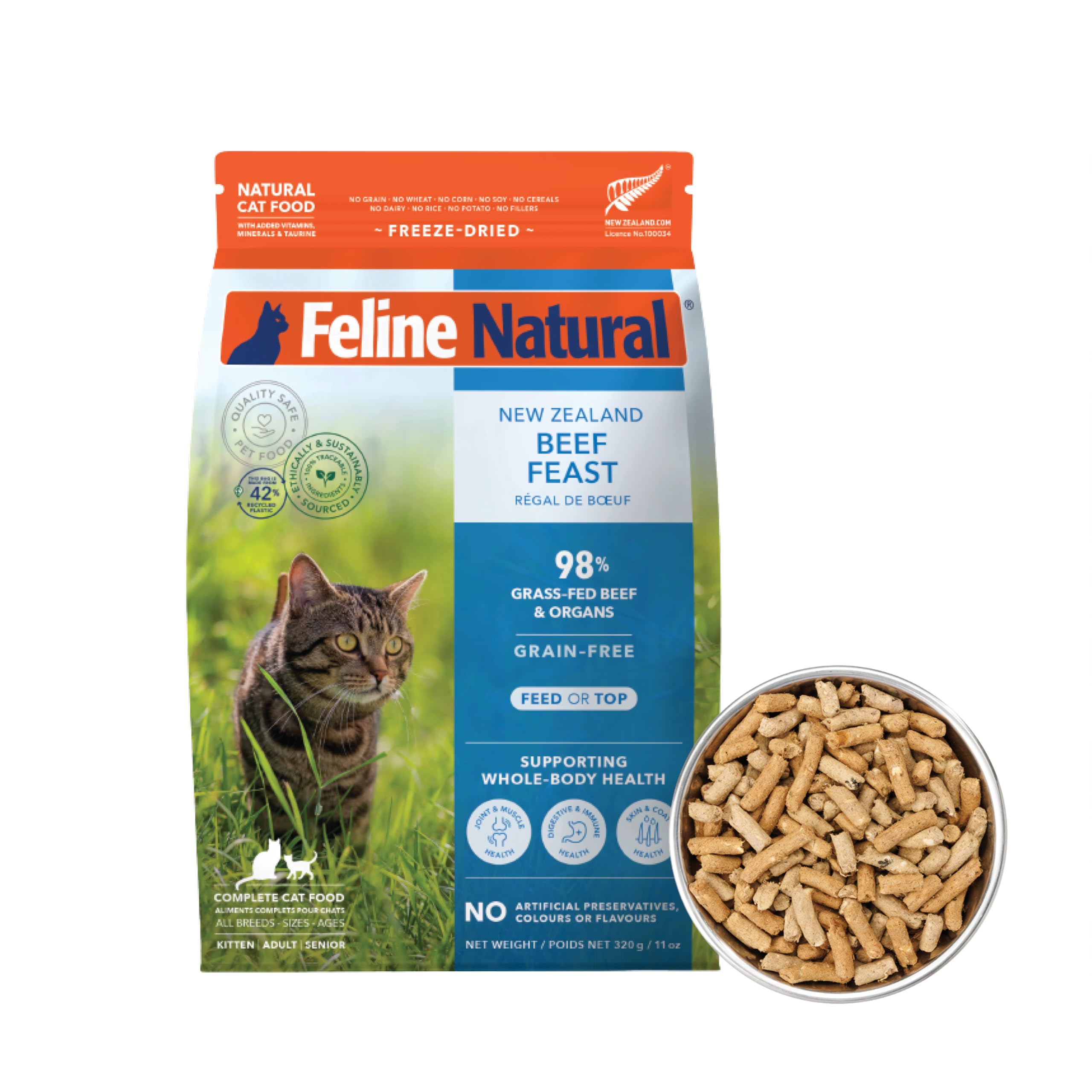Feline Natural emballage Nouvelle-Zélande, traçabilité claire et ingrédients naturels.