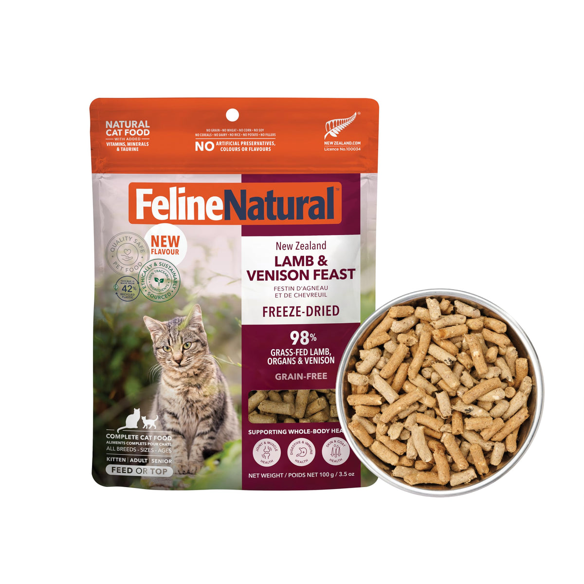 Emballage Feline Natural montrant une nourriture sans céréales et traçable