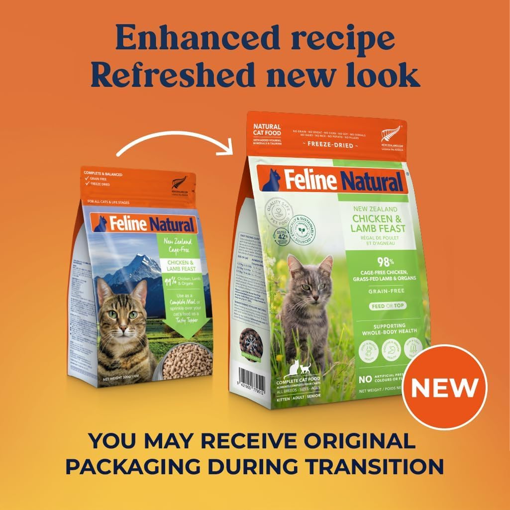 Ingrédients Feline Natural: agneau et moules vertes pour protéines complètes.