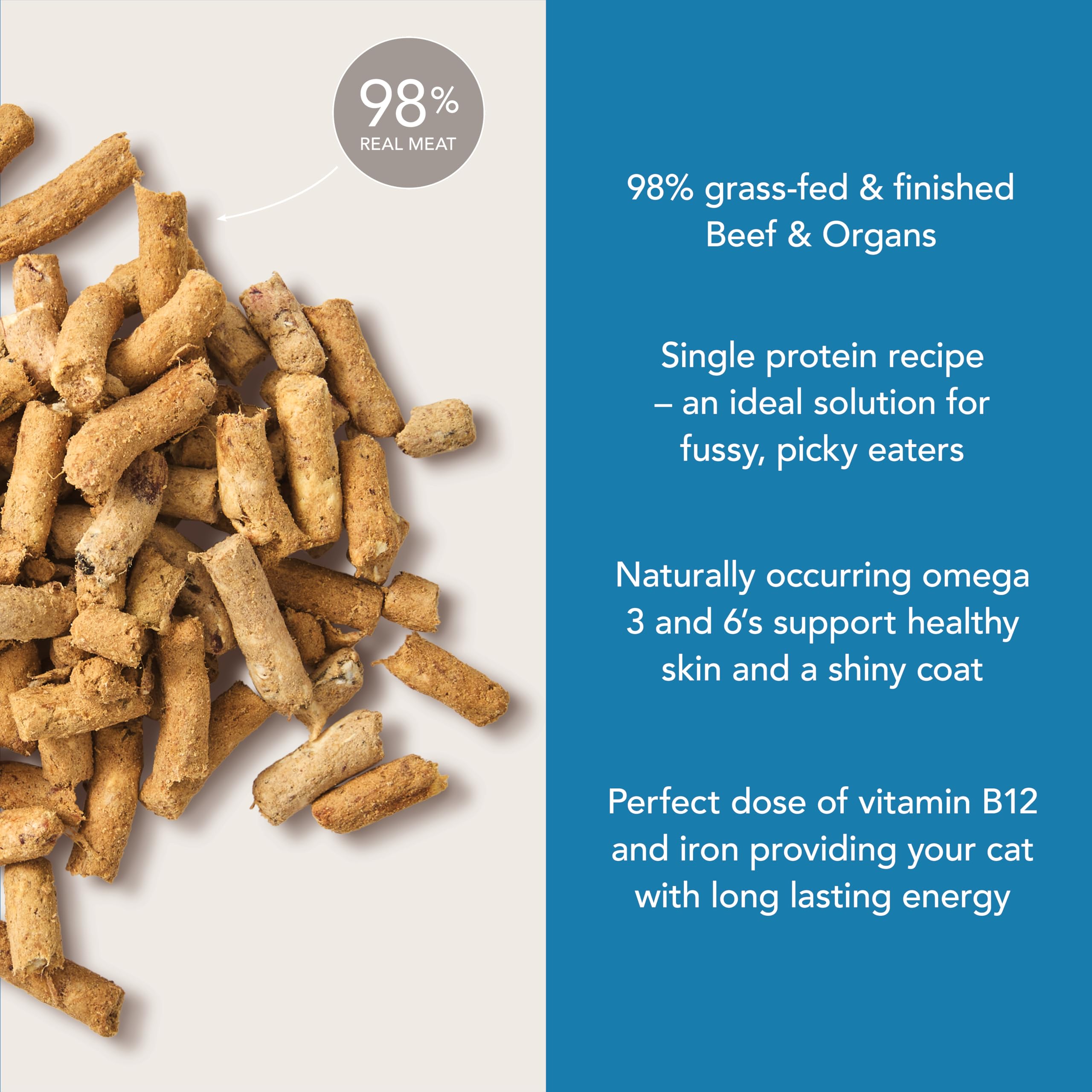 Feline Natural 98 pour cent viande, organes et fruits de mer.