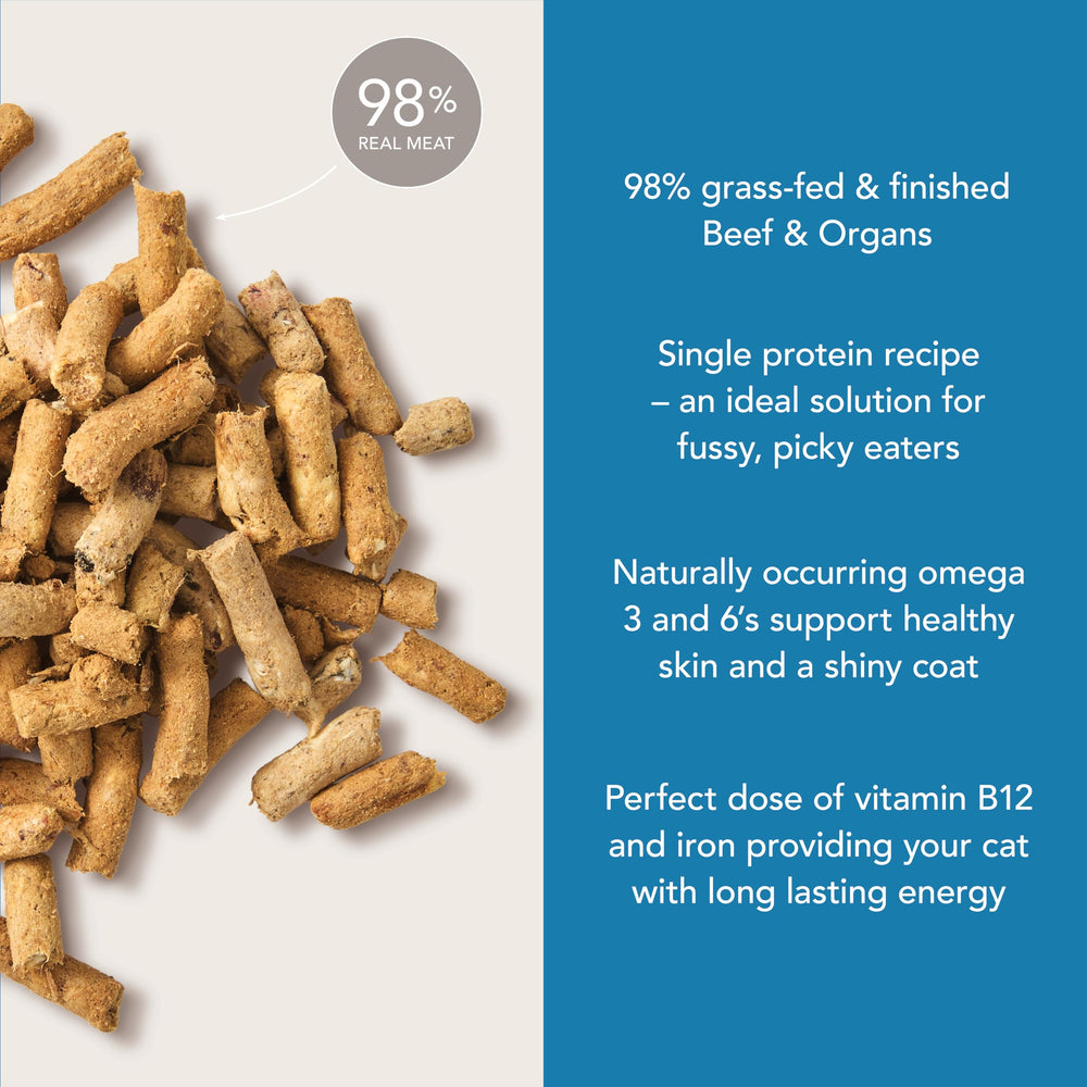Feline Natural 98 pour cent viande, organes et fruits de mer.