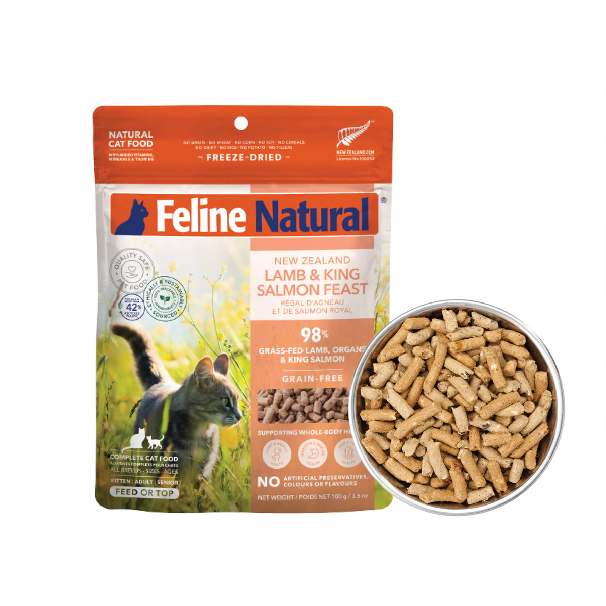 Feline Natural Alimentation sec haute protéine avec agneau et moules pour chats actifs.