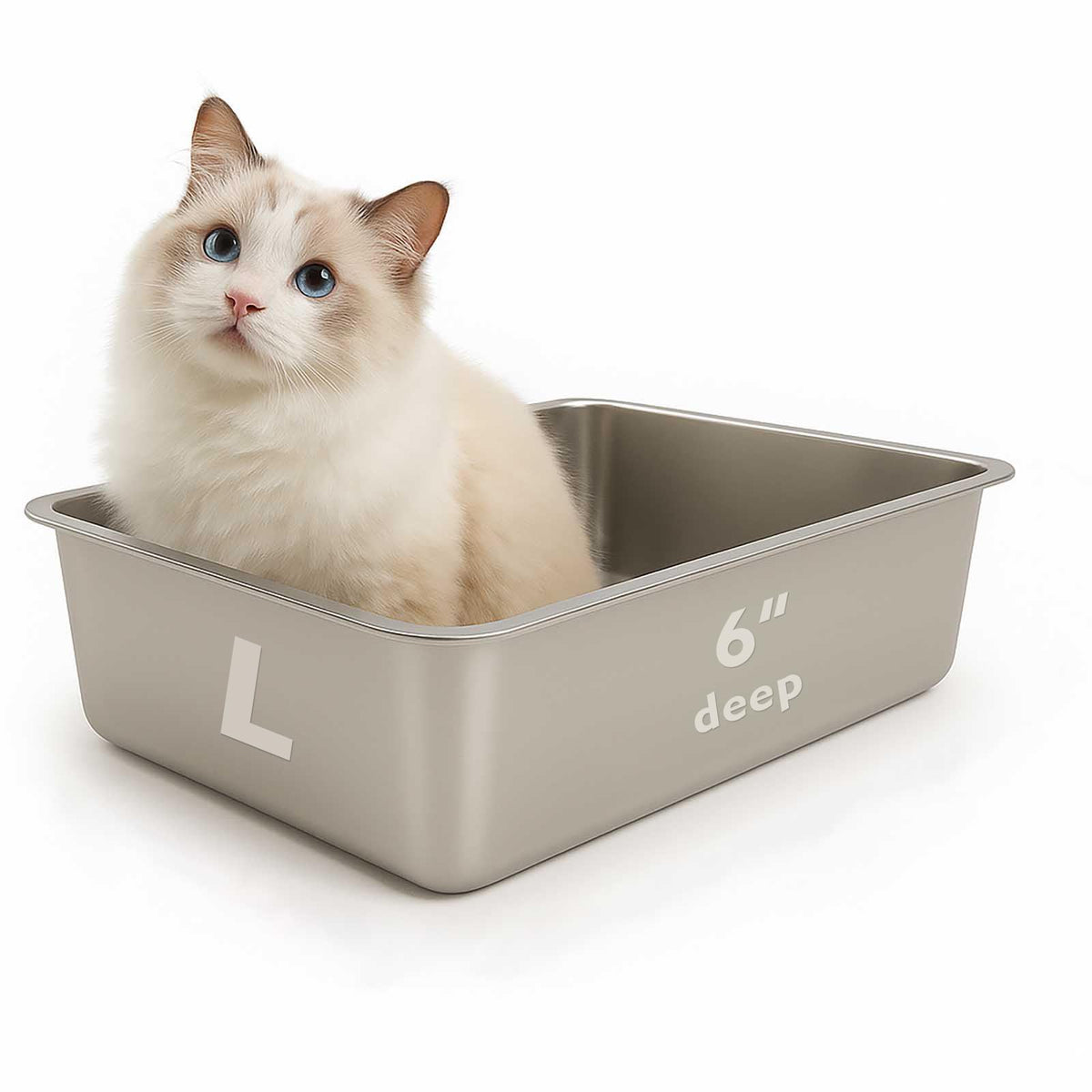 Litière FELIO pour chats de grande taille en acier inoxydable, facile à nettoyer.