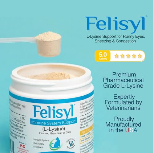 Felisyl L-Lysine, granulés saveur saumon, apprécié par les chats lors des repas.