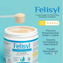 Felisyl L-Lysine, granulés saveur saumon, apprécié par les chats lors des repas.
