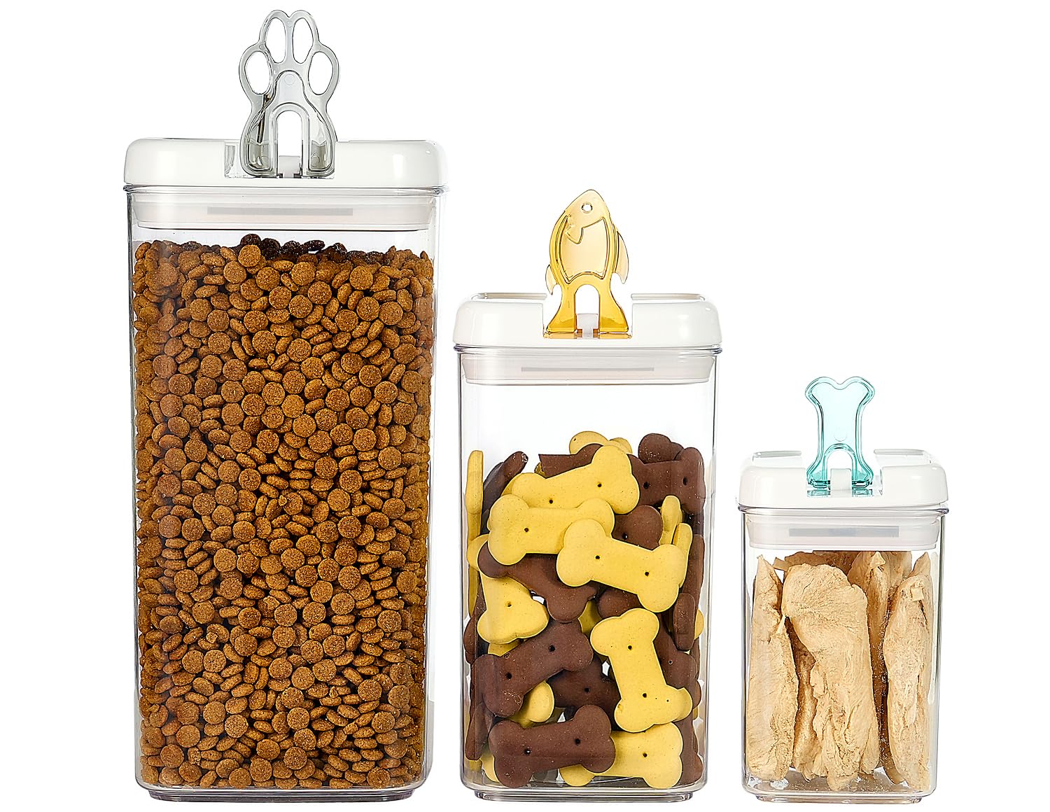 Contenants empilables Felli Flip Tite pour un rangement efficace des aliments pour animaux.