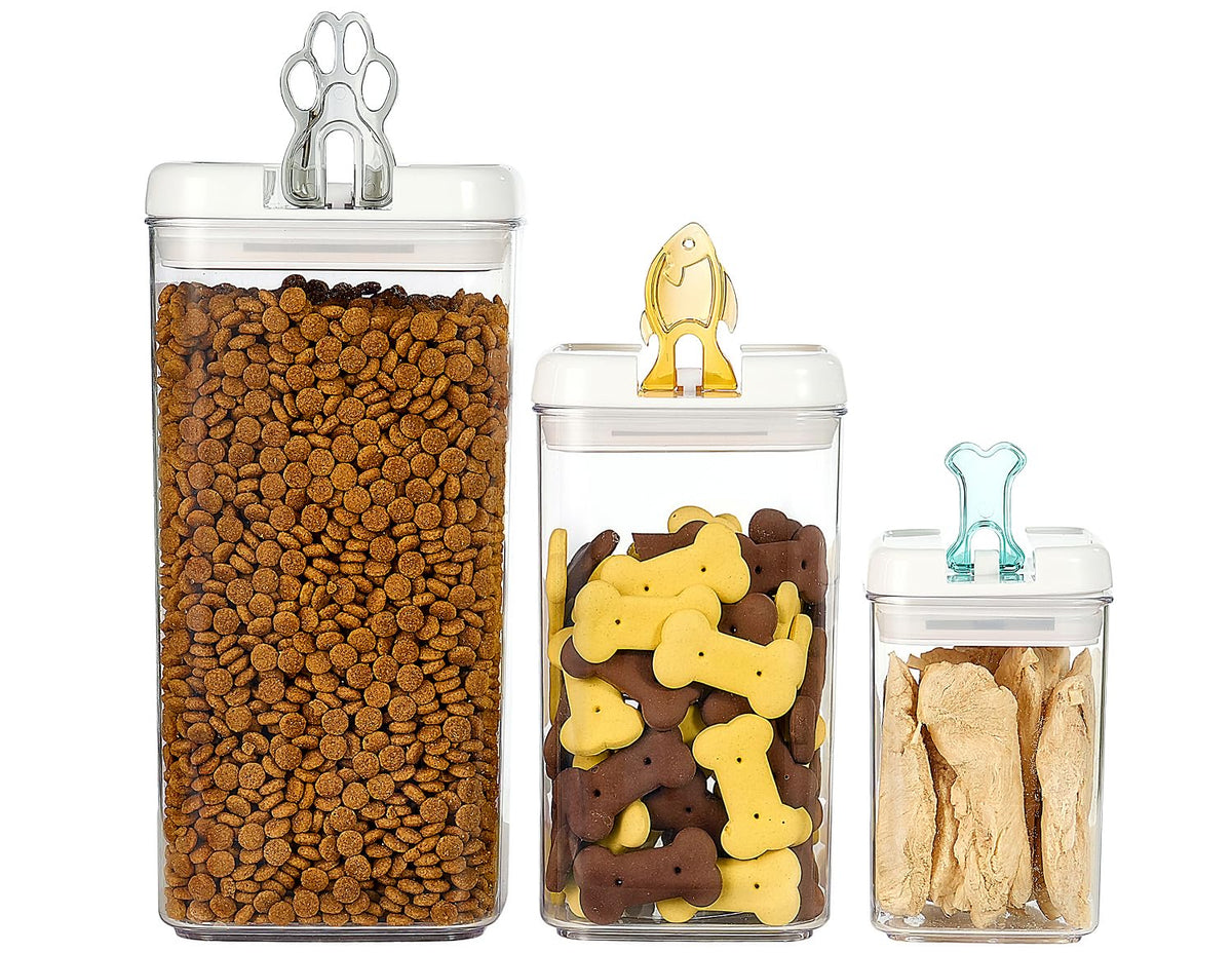 Contenants empilables Felli Flip Tite pour un rangement efficace des aliments pour animaux.