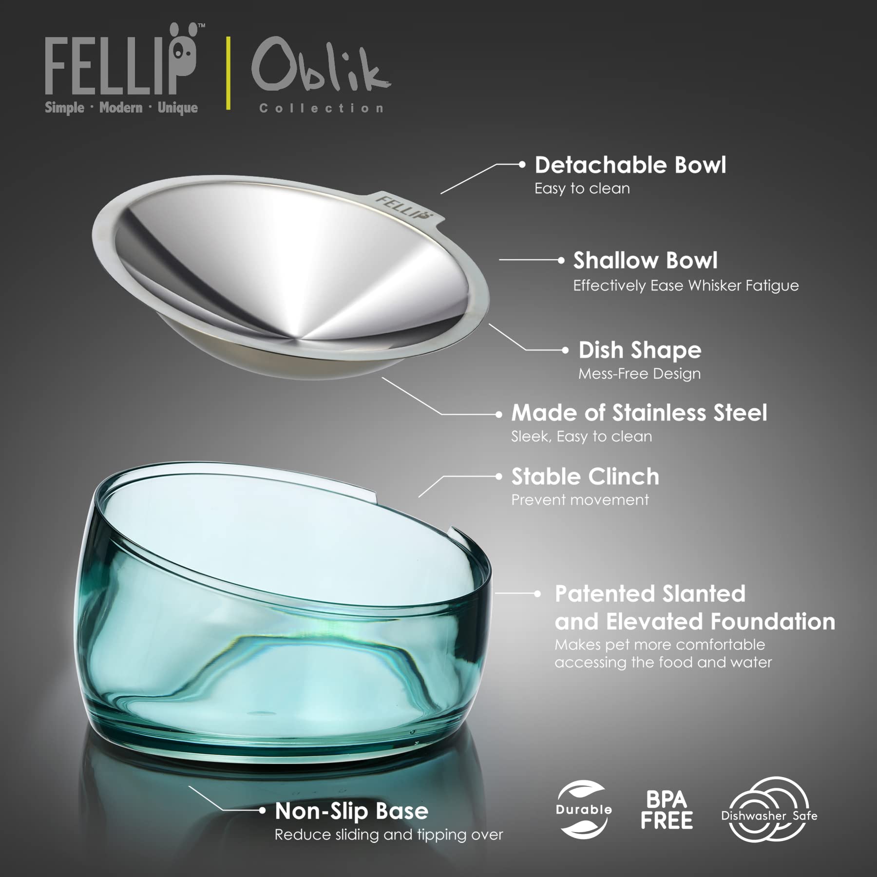 Felli Oblik: base-antidérapante-inox, bol stable.