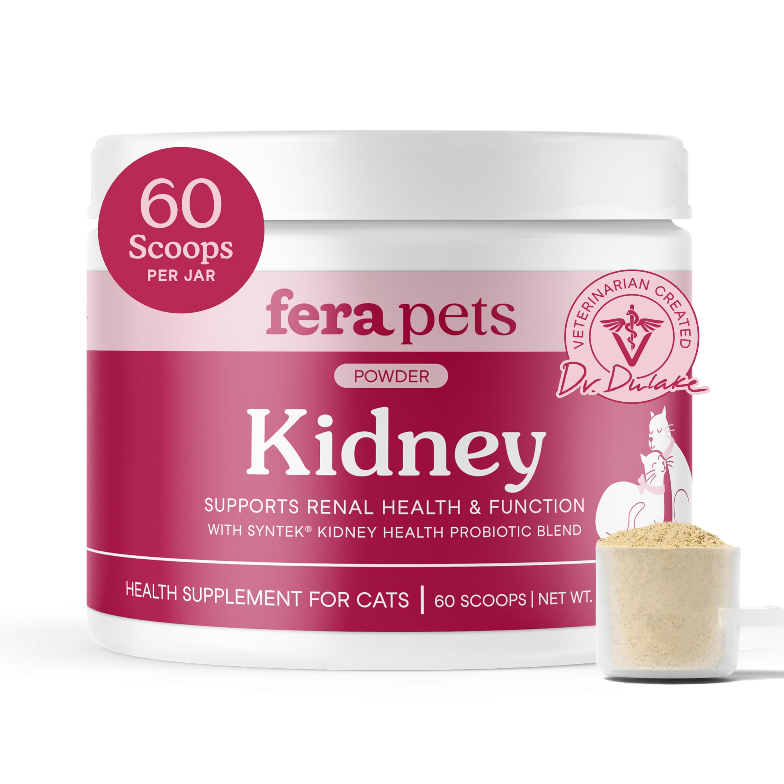 Flacon de poudre Fera Pets pour soutien rénal du chat, pratique à ajouter à l’alimentation.