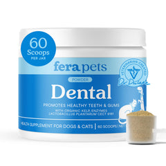 Fera Pets Poudre Dentaire, flacon visible, haleine potentiellement plus fraîche.