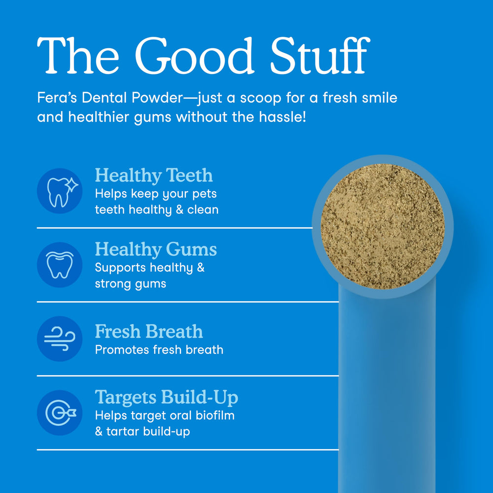 Fera Pets Poudre Dentaire avec doseuse incluse pour des dosages simples.