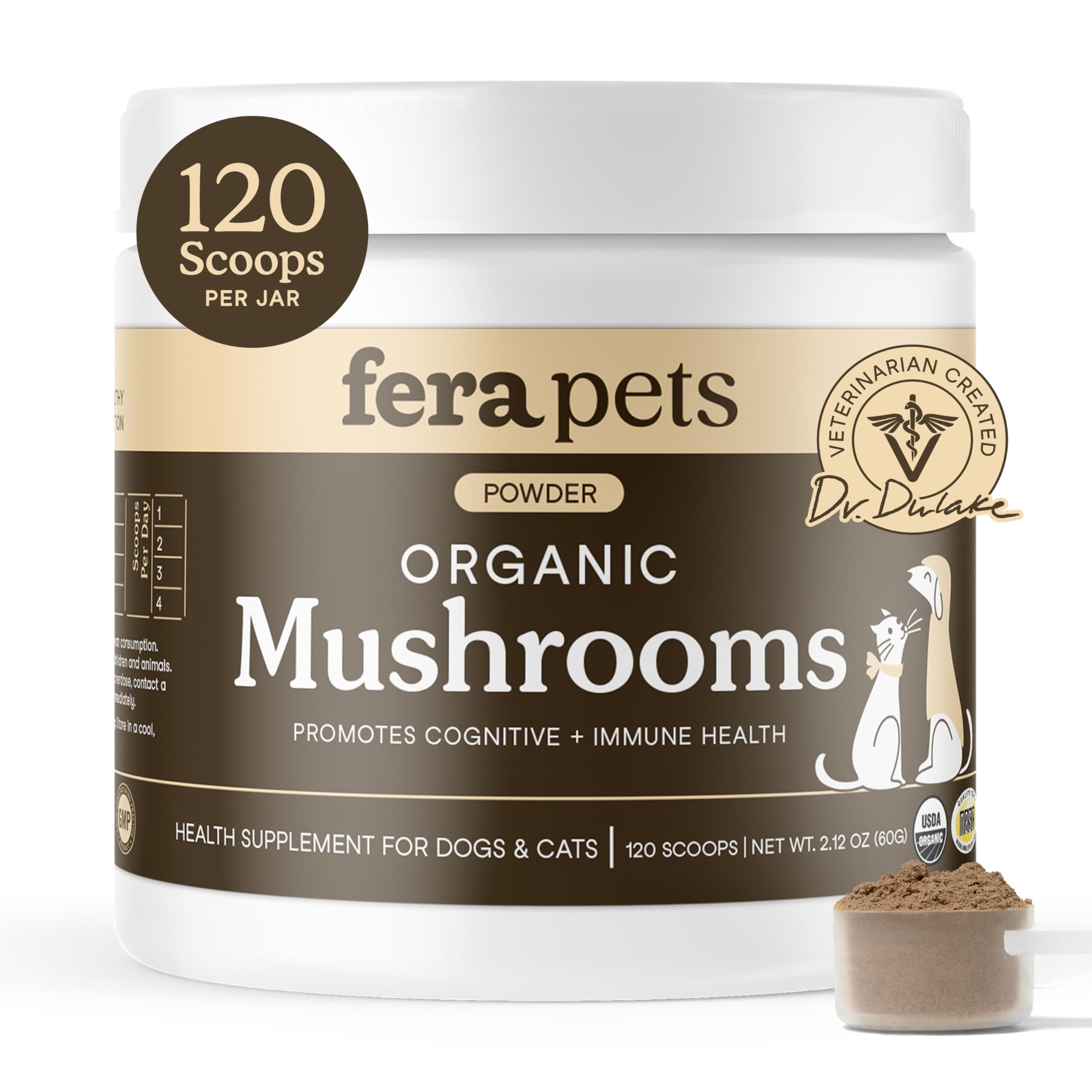 Fera Pets flacon poudre champignons – soutien immunitaire potentiel pour chiens et chats.