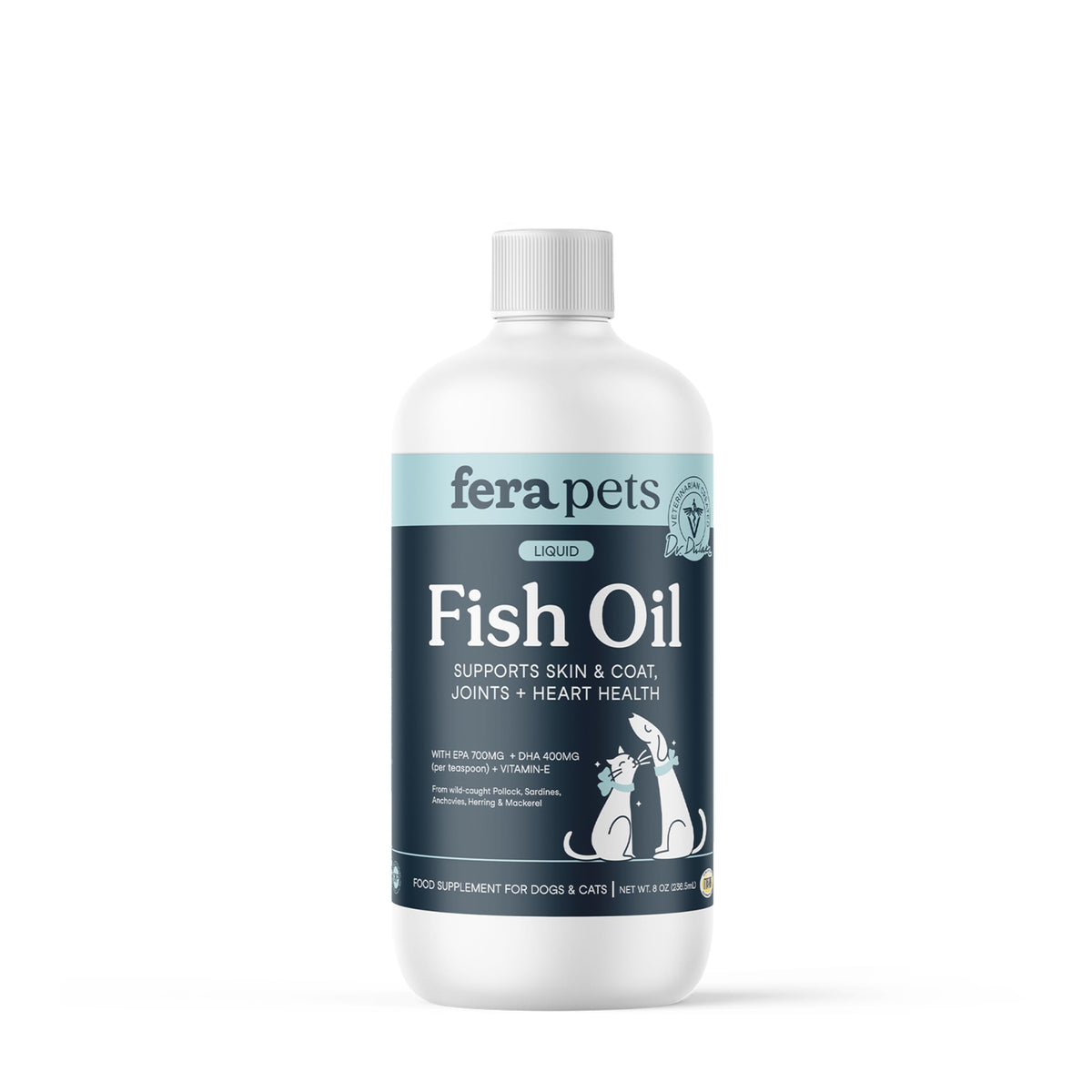 Huile poisson Fera Pets dans une bouteille de 236 ml prête à être ajoutée à la nourriture.