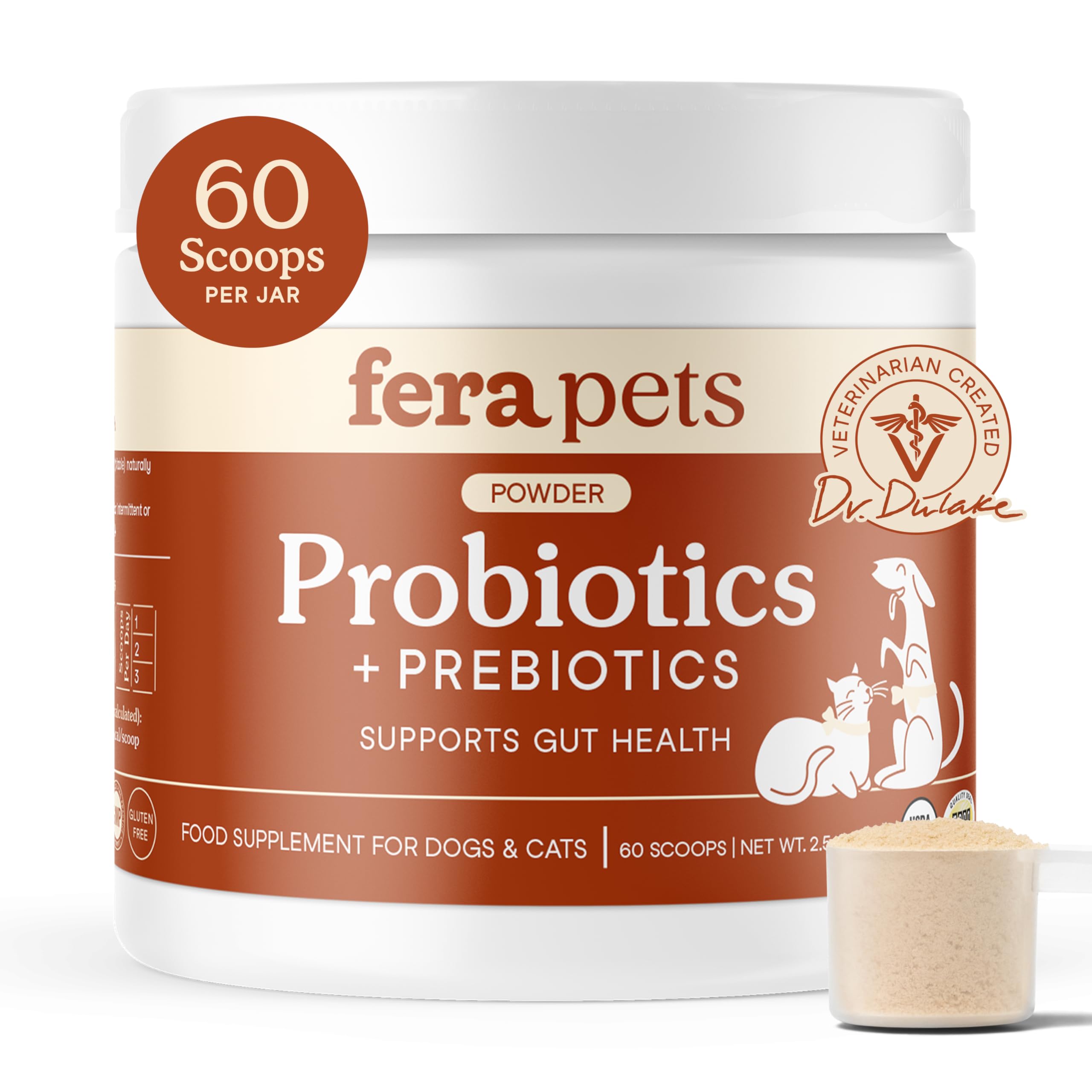 Fera Pets Probiotics: bouteille de poudre naturelle prête à l’emploi, pour digestion et énergie.