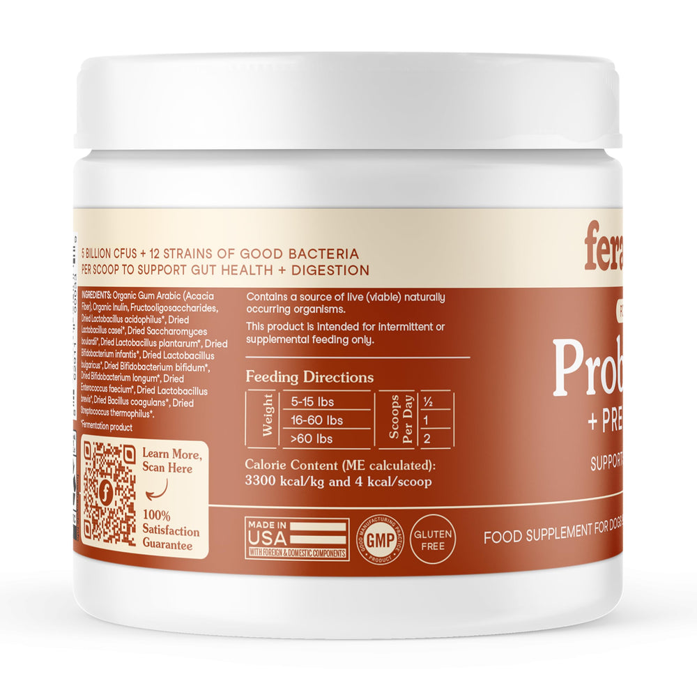 Fera Pets Probiotics: dosage quotidien simple à ajouter à chaque repas.