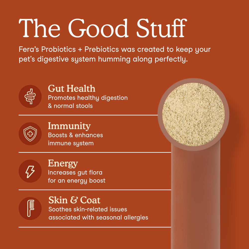 Fera Pets Probiotics: doseur intégré pour dosage précis selon le poids de l’animal.