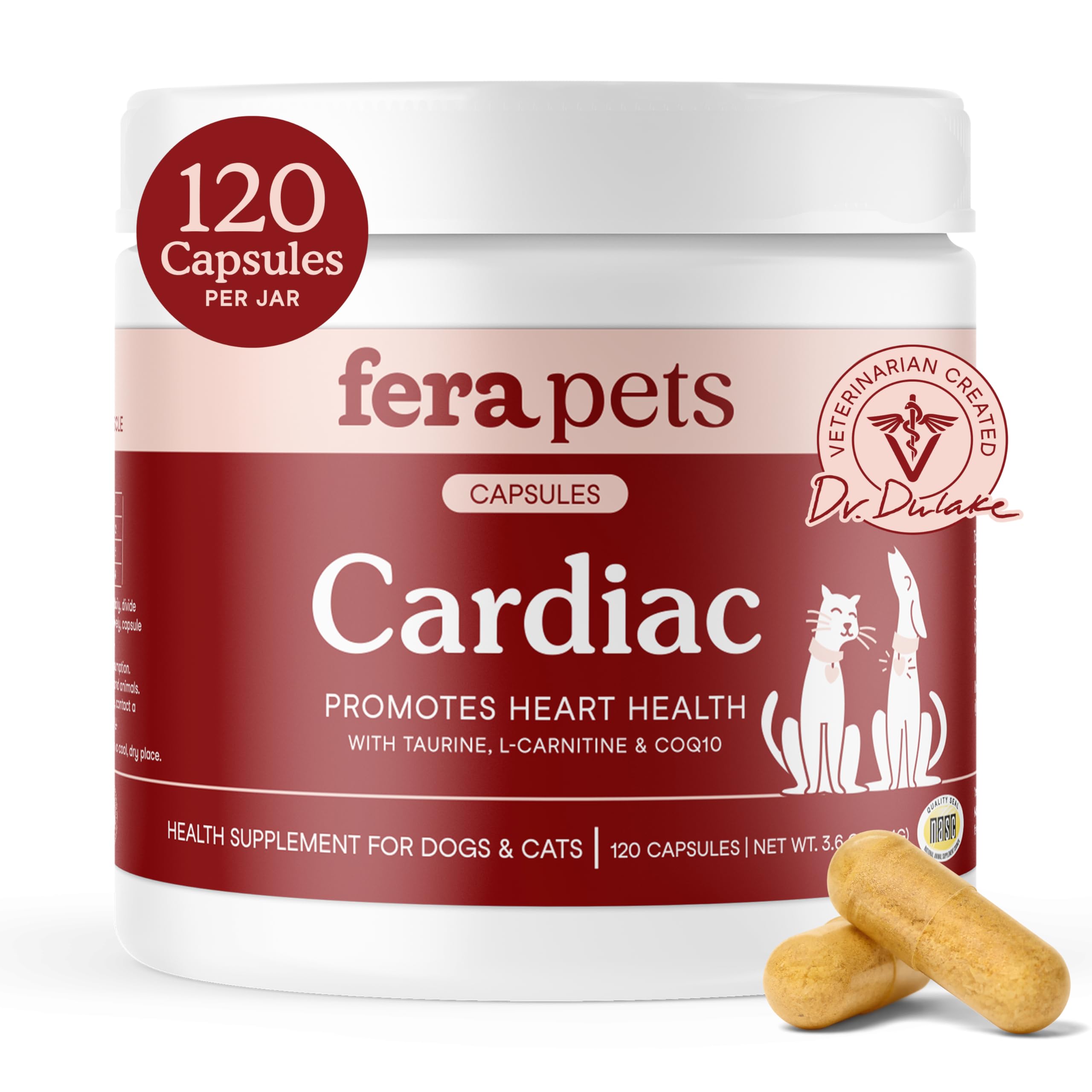 Fera Pets Soutien Cardiaque: bouteille de capsules montrant énergie et vitalité