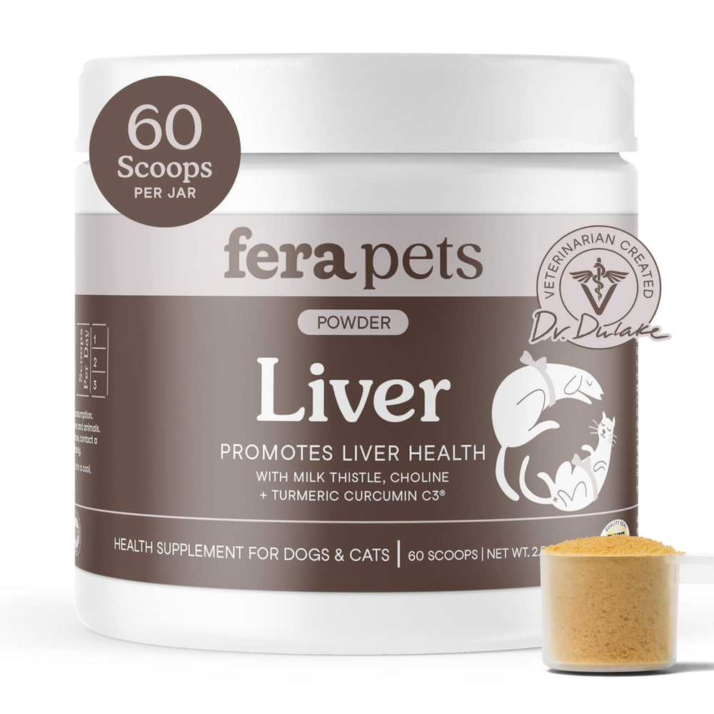 Fera Pets: bouteille du complément foie, poudre, soutien naturel au foie des chiens et chats.