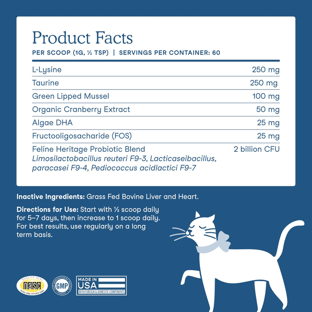 Fera Pets Wellness Blend – Chat au repas: poudre prête à saupoudrer sur la nourriture.