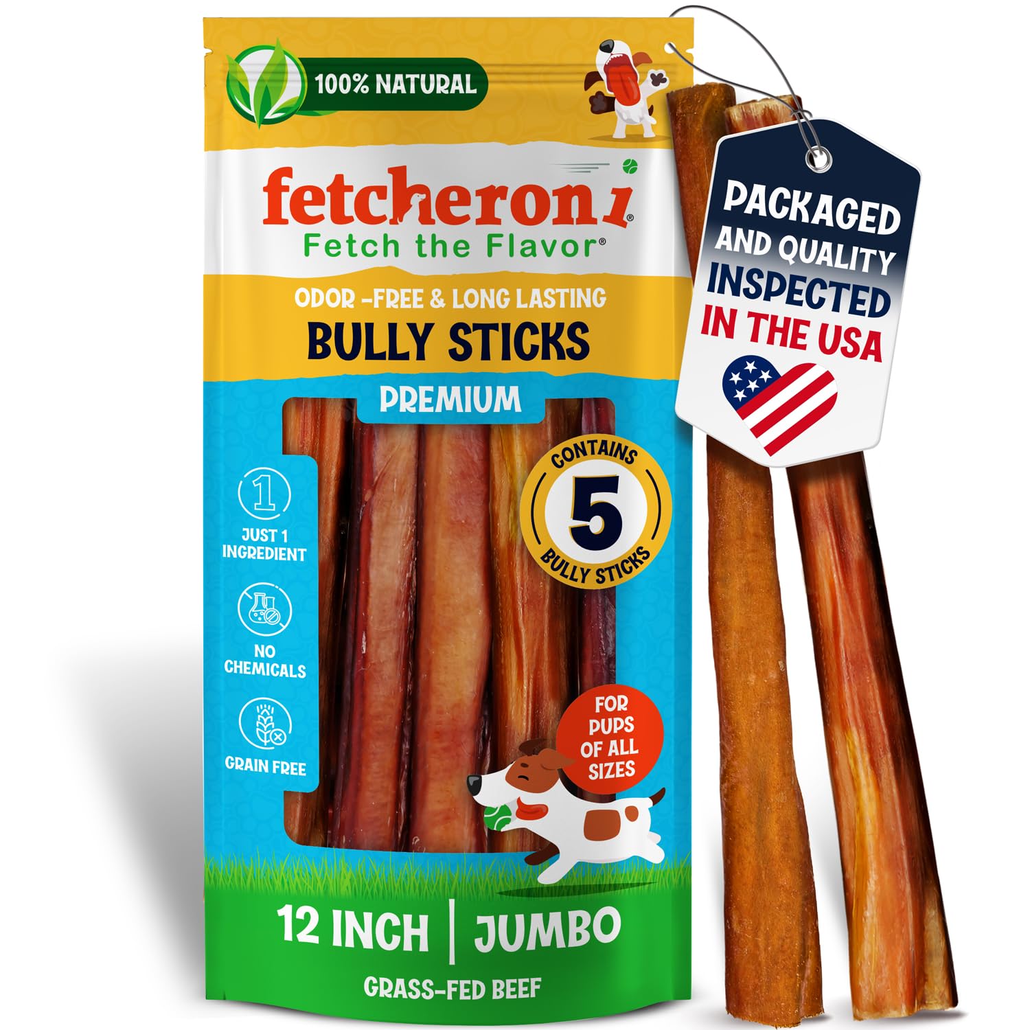 Fetcheroni Bully Sticks 12 pouces pour grands chiens, mastication longue et satisfaisante.