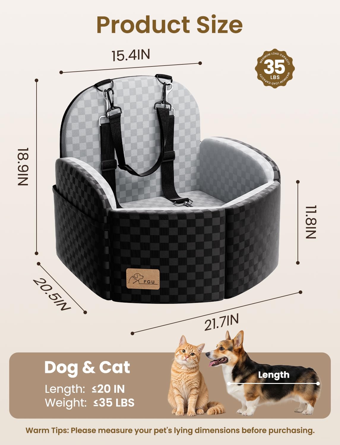 FGU siège chien auto tissu carreaux confort: matière douce et respirante.