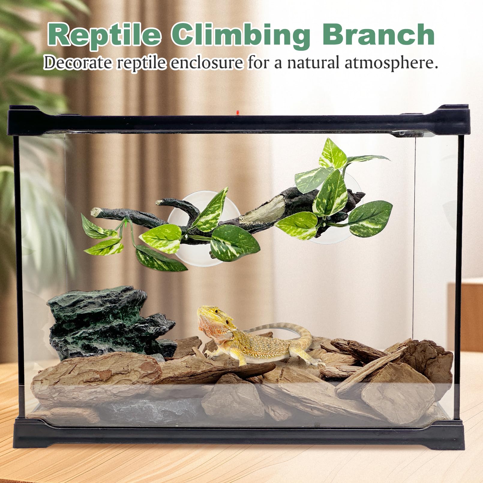 Fhiny feuillage réaliste sur branche terrarium, offre ombre et cachette naturelle.