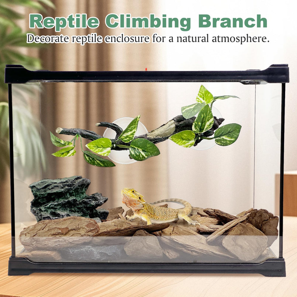 Fhiny feuillage réaliste sur branche terrarium, offre ombre et cachette naturelle.
