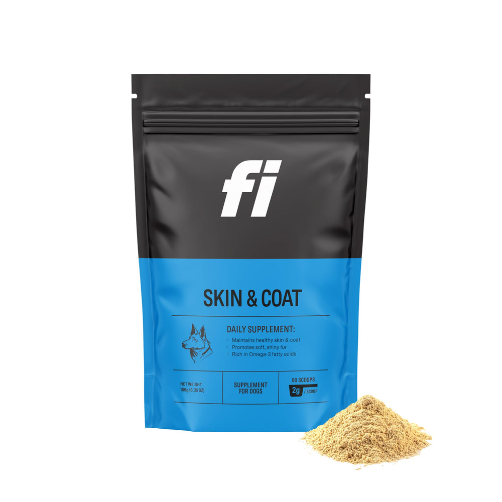 Fi, emballage du complément pour chiens, favorise un pelage éclatant et une peau saine.