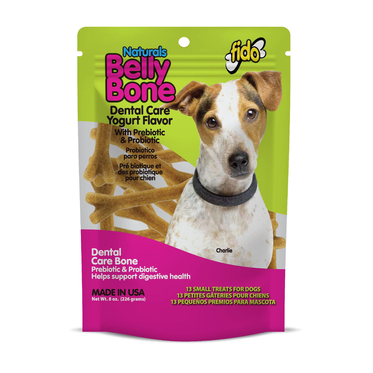 Fido Belly Bone yaourt pour petit chien, emballage pratique et goût apprécié.