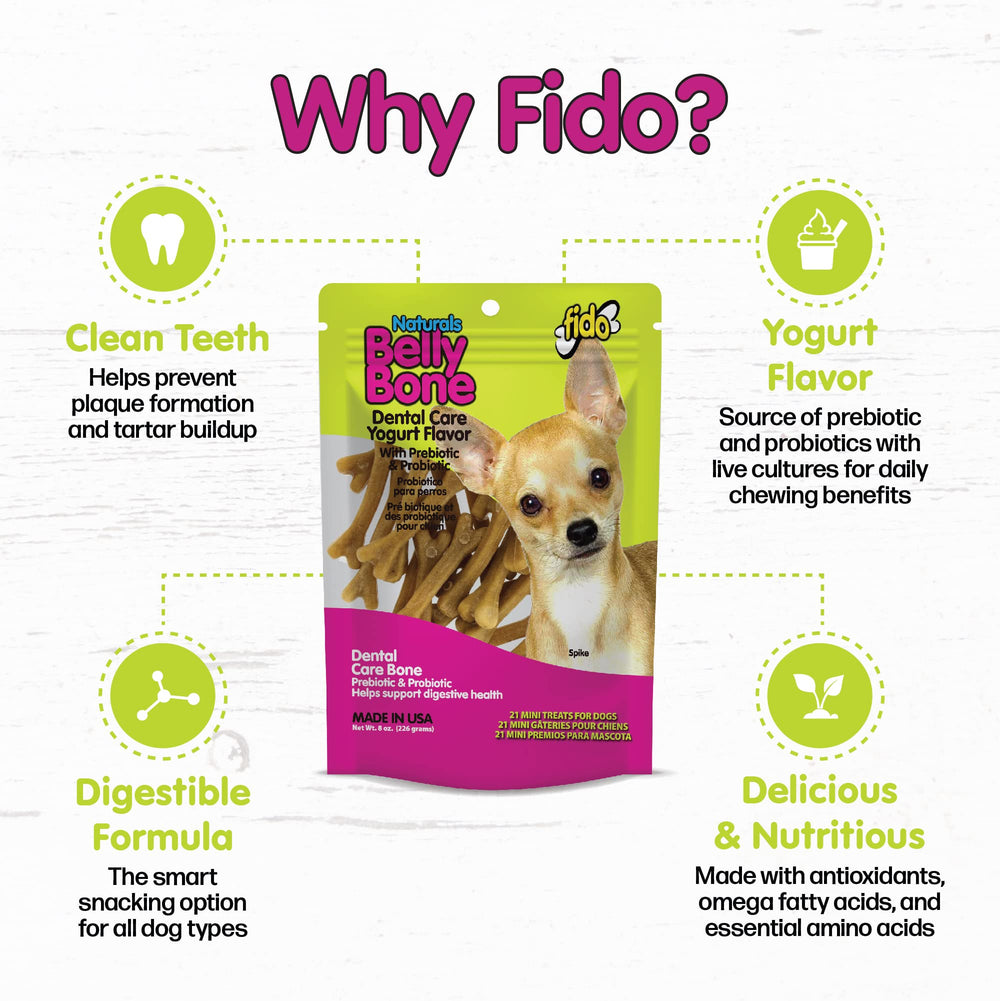 Fido Belly Bones mini avec design en V, facile à tenir et nettoie les dents.
