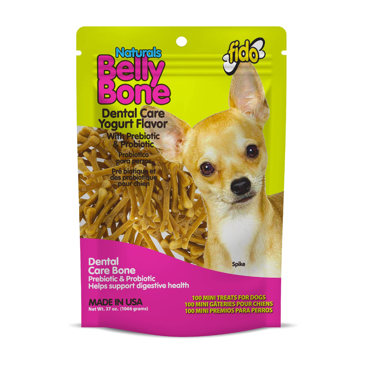 Fido Belly Bones Mini yaourt dans un sachet refermable, pratique pour le quotidien.
