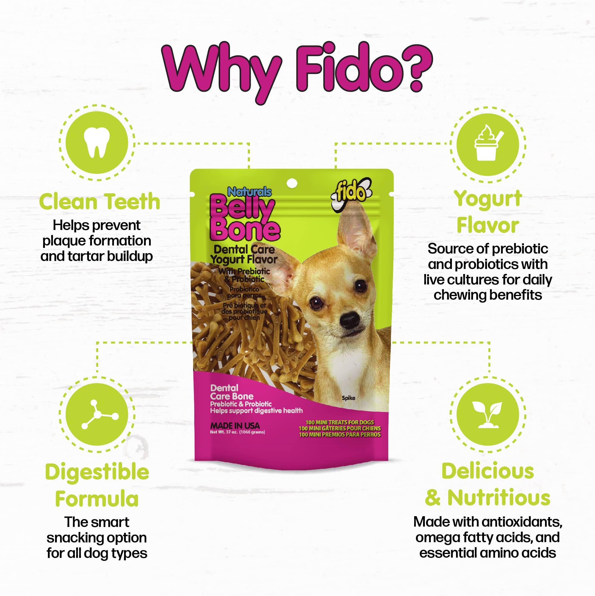 Taille 3 pouces, friandise adaptée pour les petits chiens Fido Belly Bones Mini yaourt.
