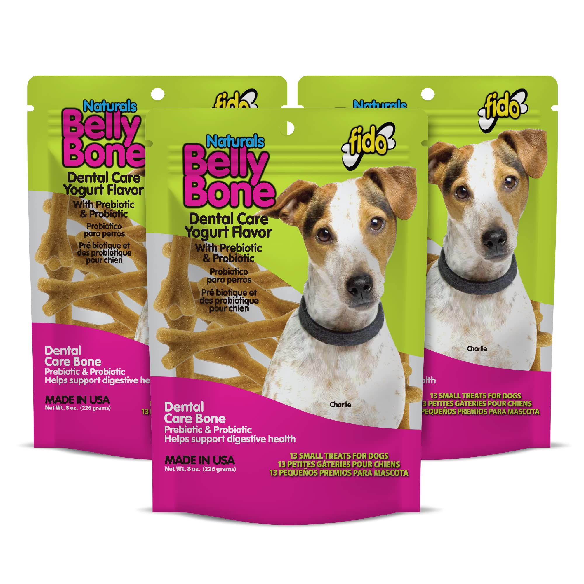 Fido Belly Bones dans un paquet reutilisable, friandise dentaire pratique pour chiens.
