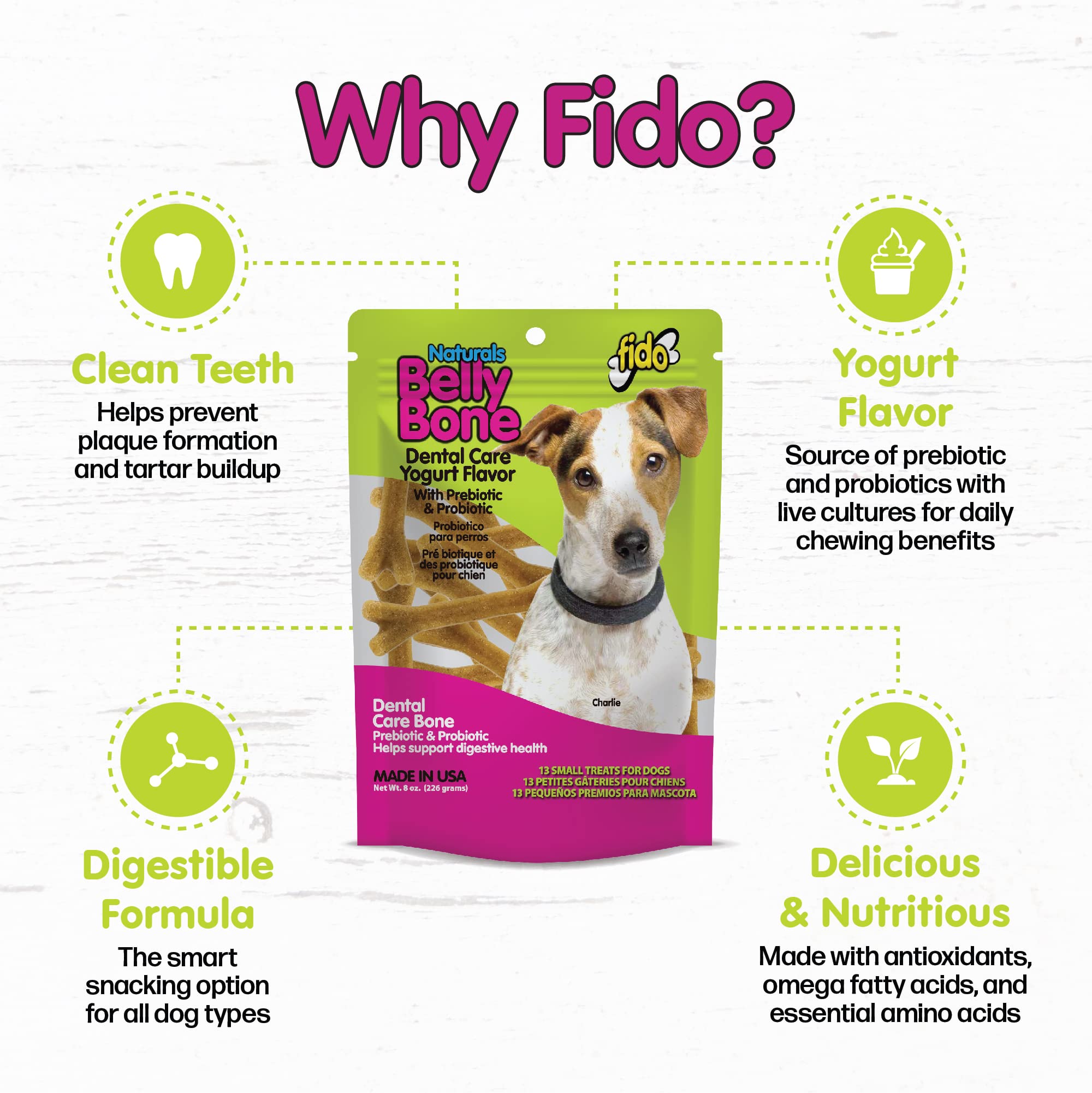Fido Belly Bones parfum yaourt, friandise savoureuse pour chiens.
